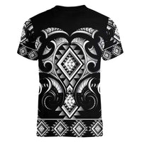 Black Ngaru Taniko With Aotearoa Maori Tattoo Women V-Neck T-Shirt LT14 - Polynesian Pride