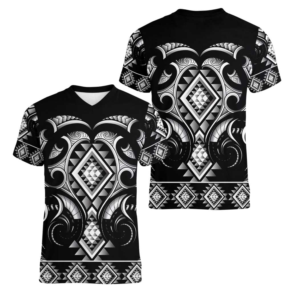 Black Ngaru Taniko With Aotearoa Maori Tattoo Women V-Neck T-Shirt LT14 - Polynesian Pride