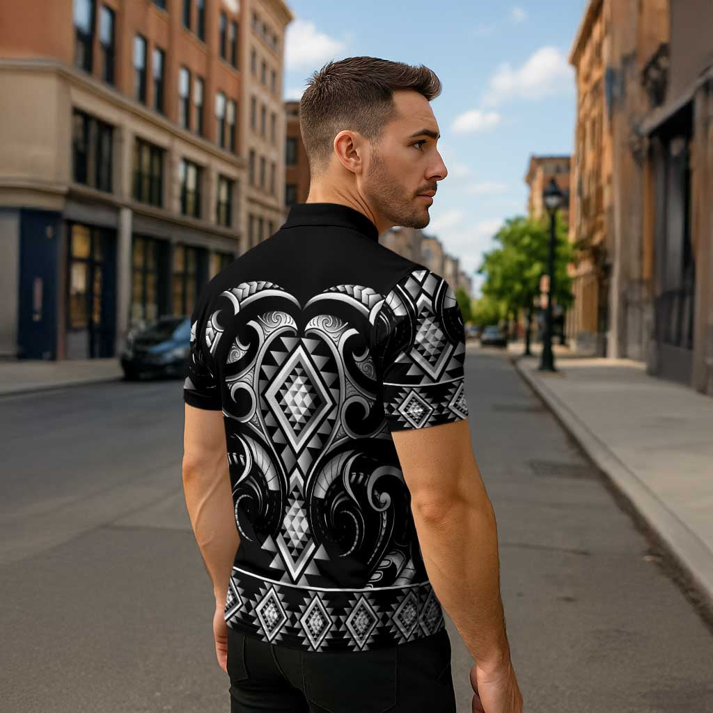 Black Ngaru Taniko With Aotearoa Maori Tattoo Zipper Polo Shirt - Polynesian Pride