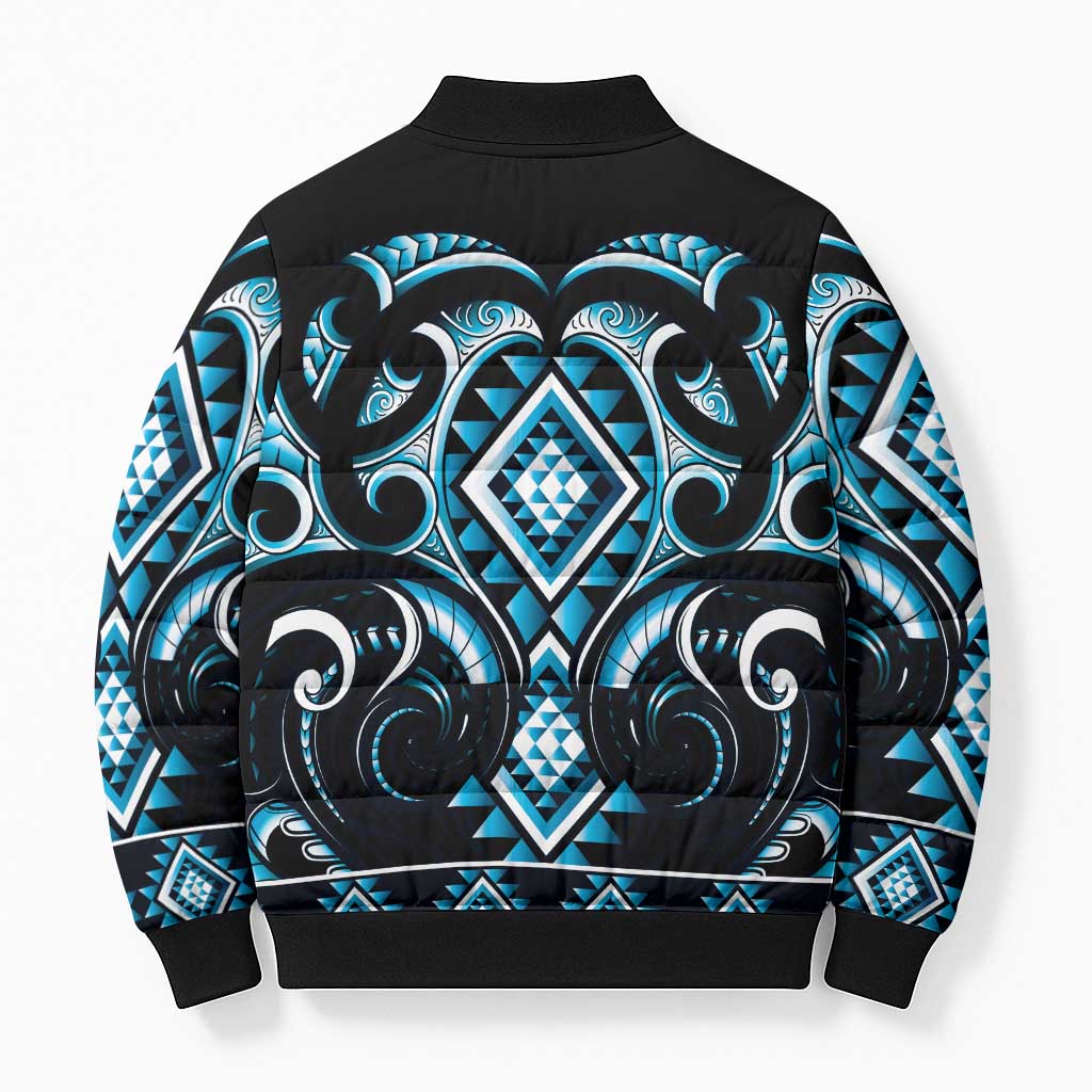 Blue Ngaru Taniko With Aotearoa Maori Tattoo Bomber Puffer Jacket LT14 - Polynesian Pride