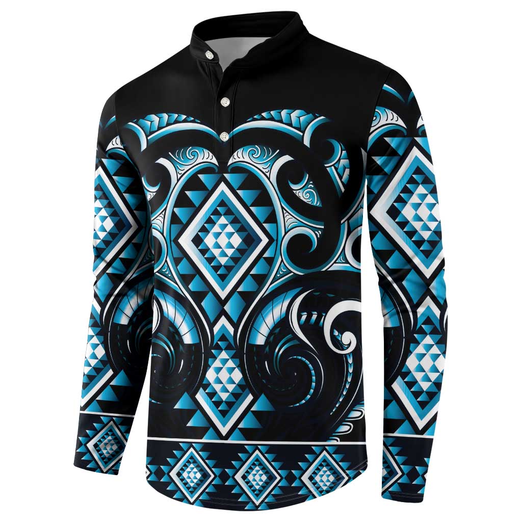 Blue Ngaru Taniko With Aotearoa Maori Tattoo Button Sweatshirt
