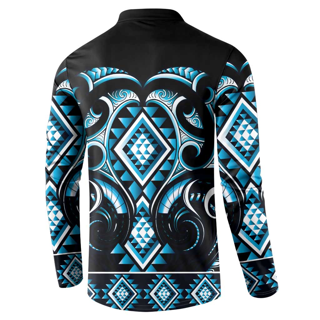 Blue Ngaru Taniko With Aotearoa Maori Tattoo Button Sweatshirt