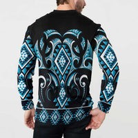 Blue Ngaru Taniko With Aotearoa Maori Tattoo Button Sweatshirt