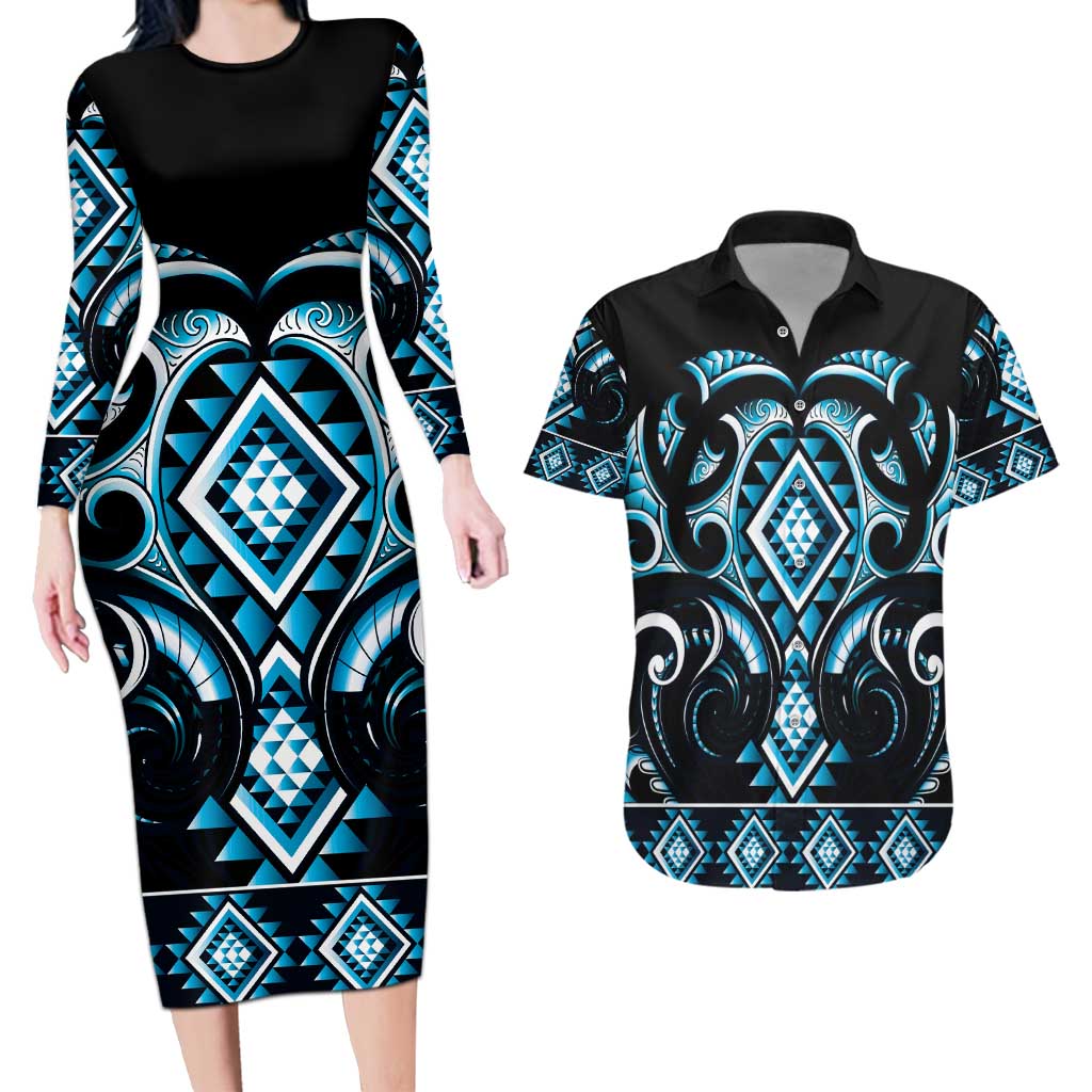 Blue Ngaru Taniko With Aotearoa Maori Tattoo Couples Matching Long Sleeve Bodycon Dress and Hawaiian Shirt LT14 Blue - Polynesian Pride
