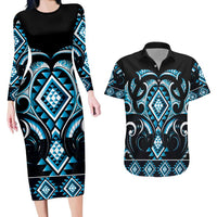 Blue Ngaru Taniko With Aotearoa Maori Tattoo Couples Matching Long Sleeve Bodycon Dress and Hawaiian Shirt LT14 Blue - Polynesian Pride