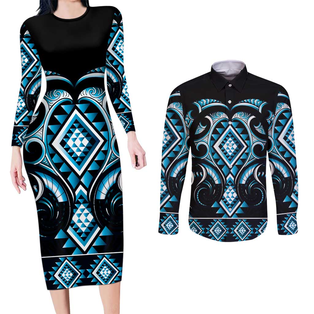 Blue Ngaru Taniko With Aotearoa Maori Tattoo Couples Matching Long Sleeve Bodycon Dress and Long Sleeve Button Shirt LT14 Blue - Polynesian Pride