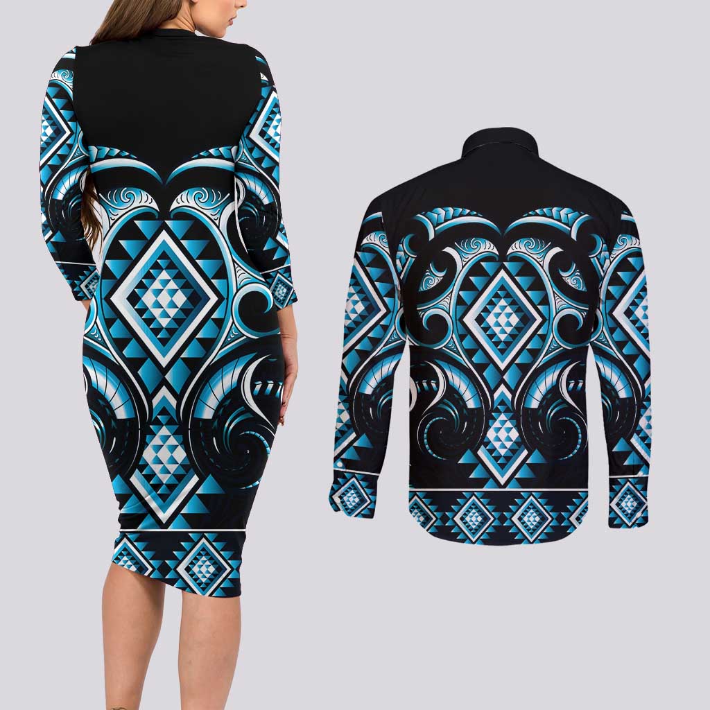 Blue Ngaru Taniko With Aotearoa Maori Tattoo Couples Matching Long Sleeve Bodycon Dress and Long Sleeve Button Shirt LT14 - Polynesian Pride