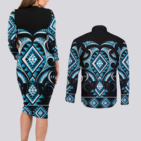 Blue Ngaru Taniko With Aotearoa Maori Tattoo Couples Matching Long Sleeve Bodycon Dress and Long Sleeve Button Shirt LT14 - Polynesian Pride