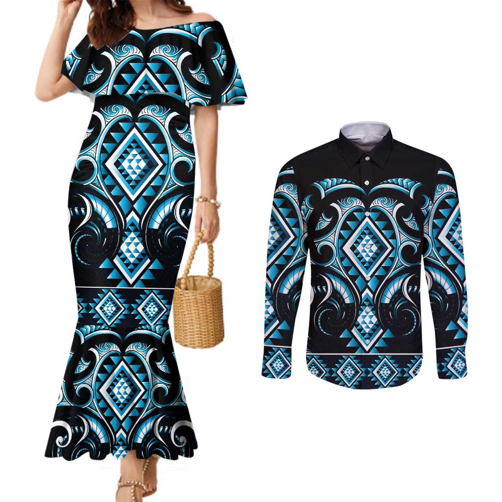 Blue Ngaru Taniko With Aotearoa Maori Tattoo Couples Matching Mermaid Dress and Long Sleeve Button Shirt LT14 Blue - Polynesian Pride
