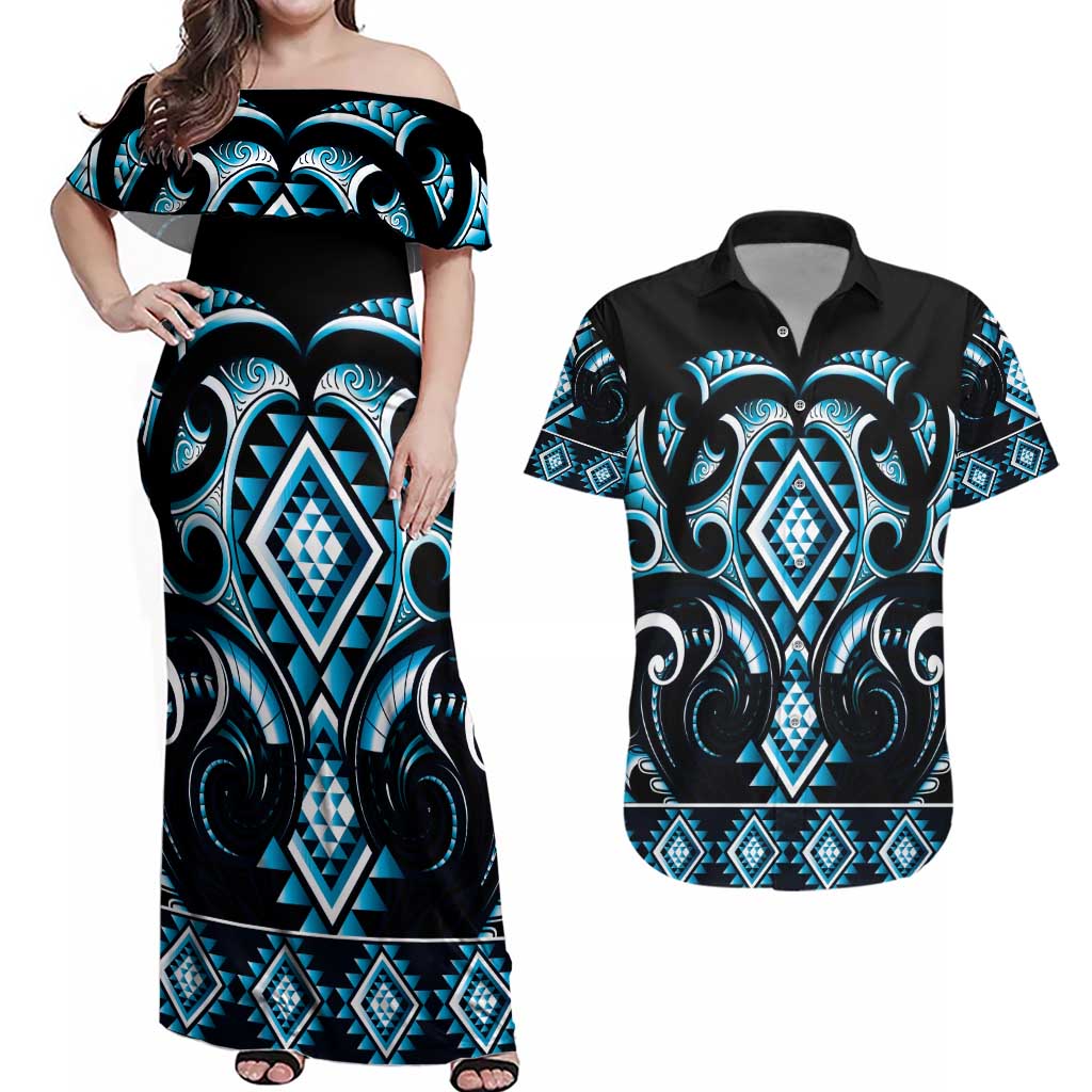 Blue Ngaru Taniko With Aotearoa Maori Tattoo Couples Matching Off Shoulder Maxi Dress and Hawaiian Shirt LT14 Blue - Polynesian Pride