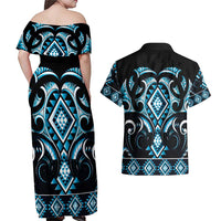 Blue Ngaru Taniko With Aotearoa Maori Tattoo Couples Matching Off Shoulder Maxi Dress and Hawaiian Shirt LT14 - Polynesian Pride