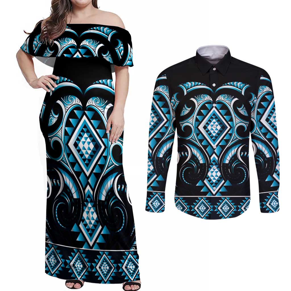 Blue Ngaru Taniko With Aotearoa Maori Tattoo Couples Matching Off Shoulder Maxi Dress and Long Sleeve Button Shirt LT14 Blue - Polynesian Pride