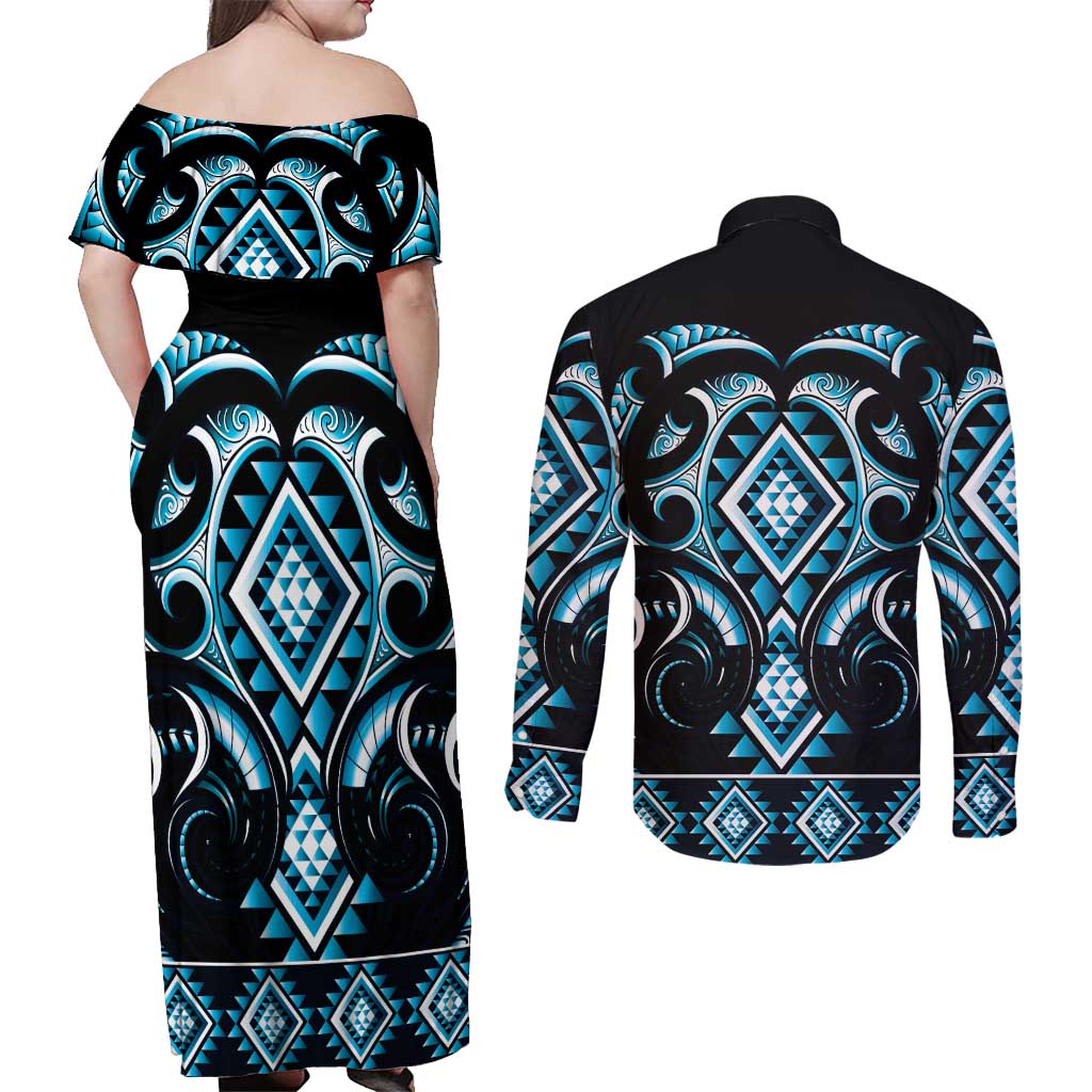 Blue Ngaru Taniko With Aotearoa Maori Tattoo Couples Matching Off Shoulder Maxi Dress and Long Sleeve Button Shirt LT14 - Polynesian Pride