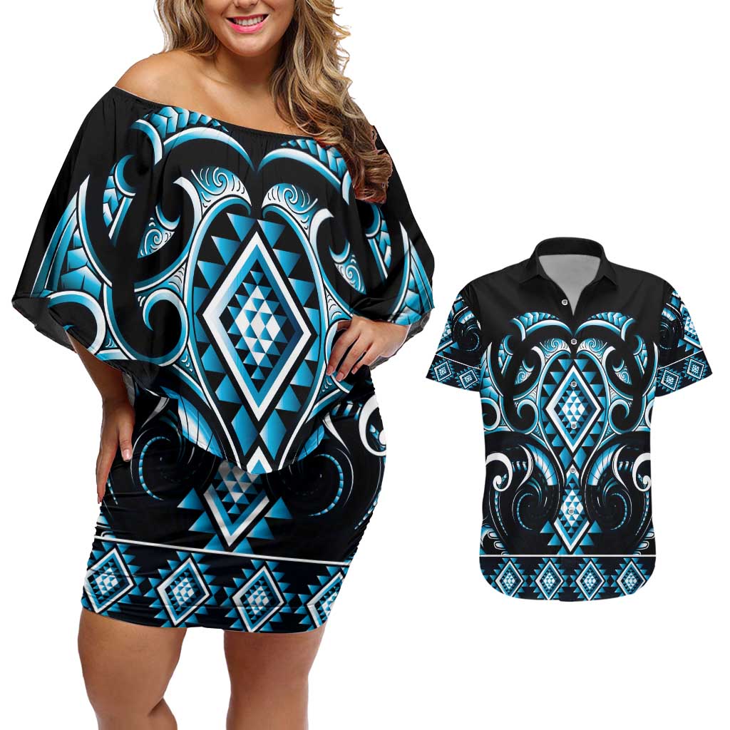 Blue Ngaru Taniko With Aotearoa Maori Tattoo Couples Matching Off Shoulder Short Dress and Hawaiian Shirt LT14 Blue - Polynesian Pride