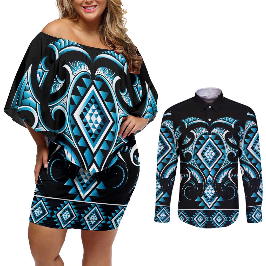 Blue Ngaru Taniko With Aotearoa Maori Tattoo Couples Matching Off Shoulder Short Dress and Long Sleeve Button Shirt LT14 Blue - Polynesian Pride