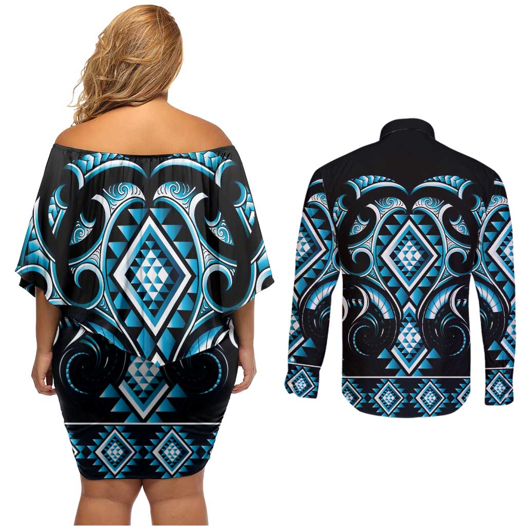 Blue Ngaru Taniko With Aotearoa Maori Tattoo Couples Matching Off Shoulder Short Dress and Long Sleeve Button Shirt LT14 - Polynesian Pride