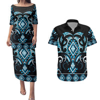 Blue Ngaru Taniko With Aotearoa Maori Tattoo Couples Matching Puletasi and Hawaiian Shirt LT14 Blue - Polynesian Pride
