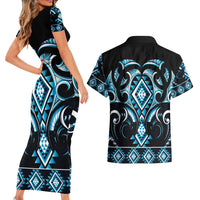 Blue Ngaru Taniko With Aotearoa Maori Tattoo Couples Matching Short Sleeve Bodycon Dress and Hawaiian Shirt LT14 - Polynesian Pride