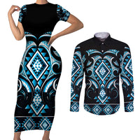Blue Ngaru Taniko With Aotearoa Maori Tattoo Couples Matching Short Sleeve Bodycon Dress and Long Sleeve Button Shirt LT14 Blue - Polynesian Pride