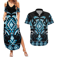 Blue Ngaru Taniko With Aotearoa Maori Tattoo Couples Matching Summer Maxi Dress and Hawaiian Shirt LT14 Blue - Polynesian Pride