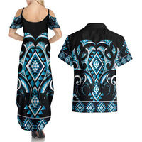 Blue Ngaru Taniko With Aotearoa Maori Tattoo Couples Matching Summer Maxi Dress and Hawaiian Shirt LT14 - Polynesian Pride