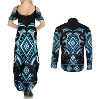 Blue Ngaru Taniko With Aotearoa Maori Tattoo Couples Matching Summer Maxi Dress and Long Sleeve Button Shirt LT14 - Polynesian Pride