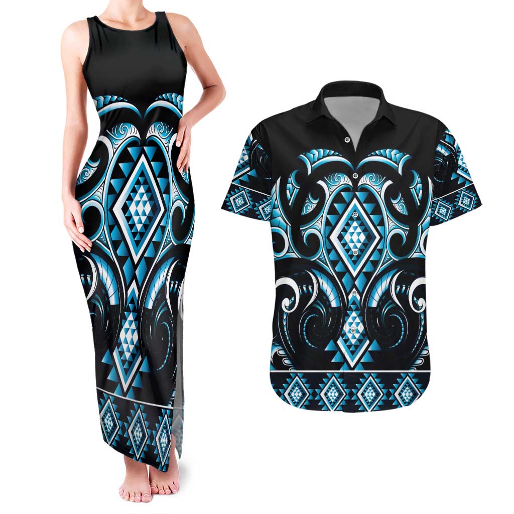 Blue Ngaru Taniko With Aotearoa Maori Tattoo Couples Matching Tank Maxi Dress and Hawaiian Shirt LT14 Blue - Polynesian Pride