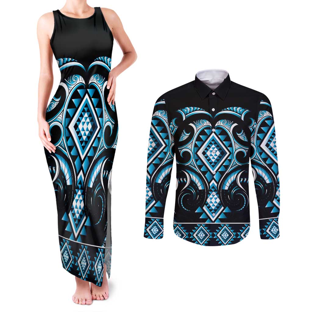 Blue Ngaru Taniko With Aotearoa Maori Tattoo Couples Matching Tank Maxi Dress and Long Sleeve Button Shirt LT14 Blue - Polynesian Pride