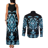 Blue Ngaru Taniko With Aotearoa Maori Tattoo Couples Matching Tank Maxi Dress and Long Sleeve Button Shirt LT14 - Polynesian Pride