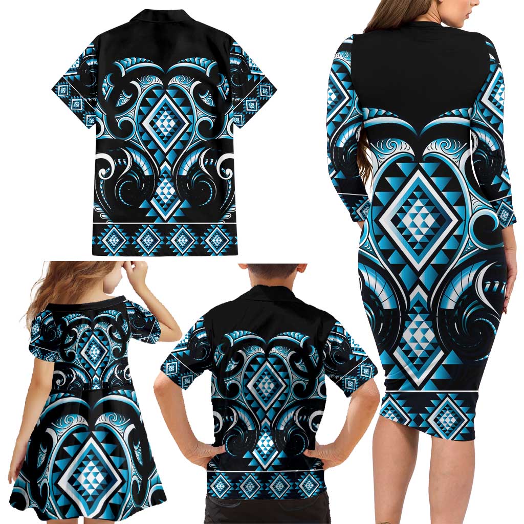 Blue Ngaru Taniko With Aotearoa Maori Tattoo Family Matching Long Sleeve Bodycon Dress and Hawaiian Shirt LT14 - Polynesian Pride