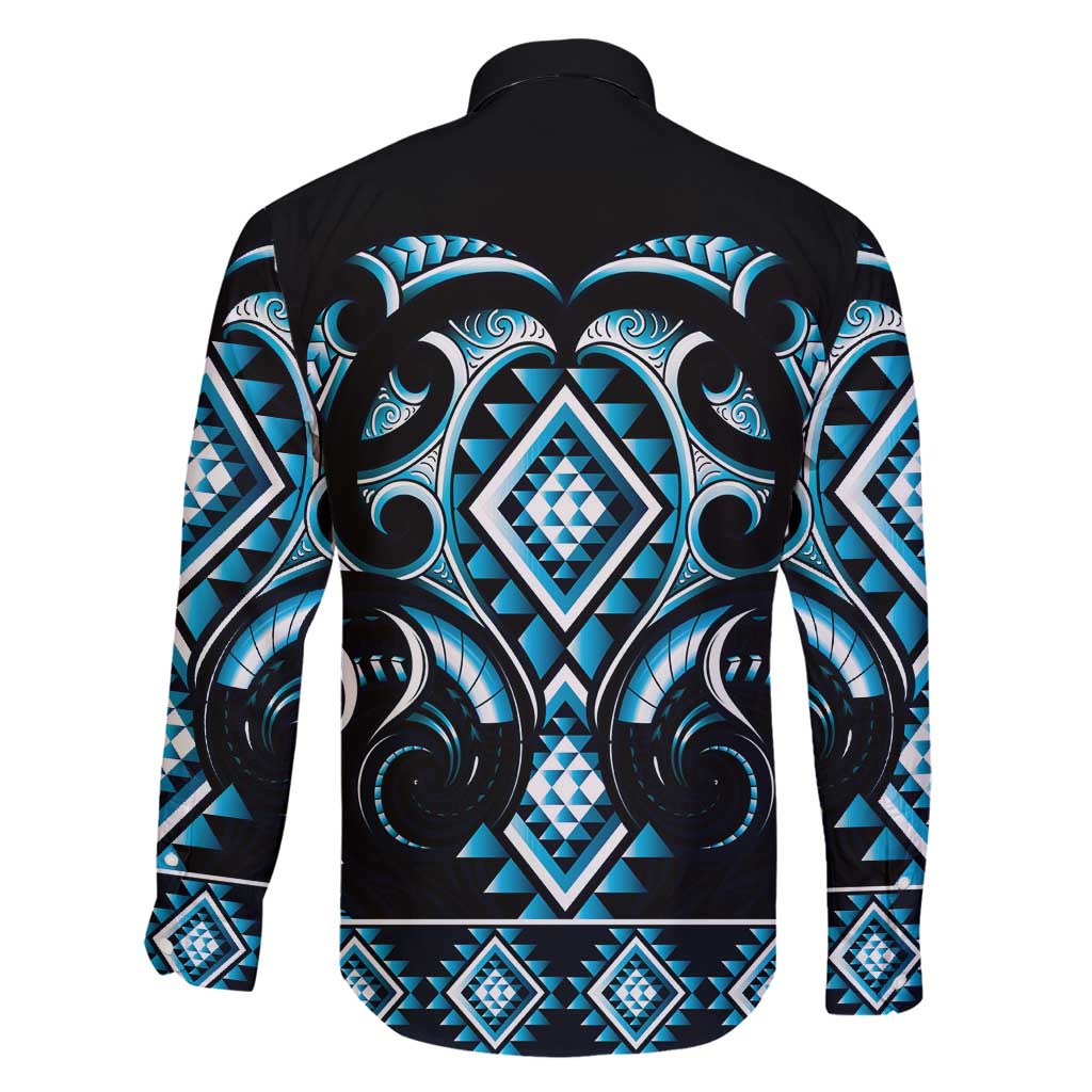 Blue Ngaru Taniko With Aotearoa Maori Tattoo Family Matching Long Sleeve Bodycon Dress and Hawaiian Shirt LT14 - Polynesian Pride