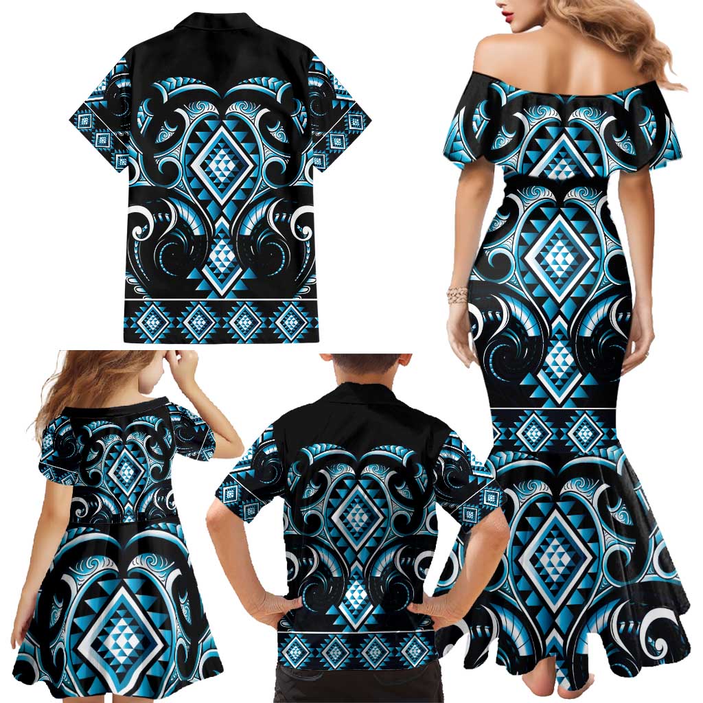 Blue Ngaru Taniko With Aotearoa Maori Tattoo Family Matching Mermaid Dress and Hawaiian Shirt LT14 - Polynesian Pride