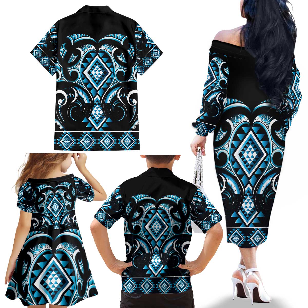 Blue Ngaru Taniko With Aotearoa Maori Tattoo Family Matching Off The Shoulder Long Sleeve Dress and Hawaiian Shirt LT14 - Polynesian Pride