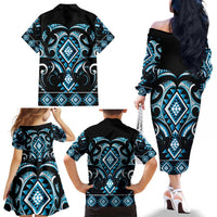 Blue Ngaru Taniko With Aotearoa Maori Tattoo Family Matching Off The Shoulder Long Sleeve Dress and Hawaiian Shirt LT14 - Polynesian Pride