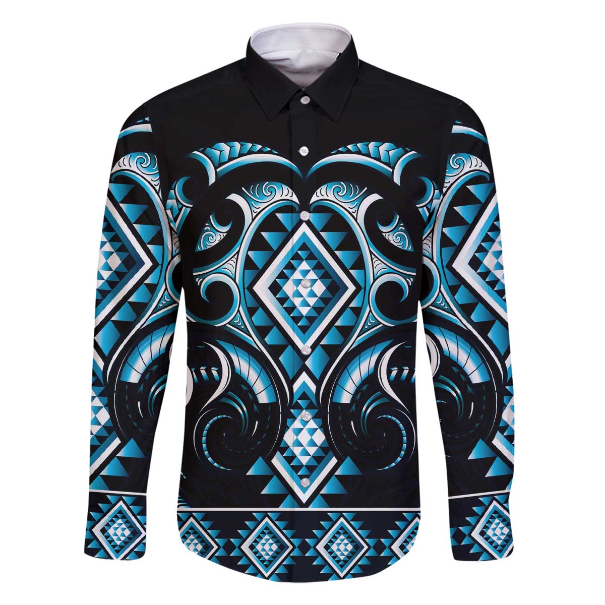 Blue Ngaru Taniko With Aotearoa Maori Tattoo Family Matching Off The Shoulder Long Sleeve Dress and Hawaiian Shirt LT14 Dad's Shirt - Long Sleeve Blue - Polynesian Pride
