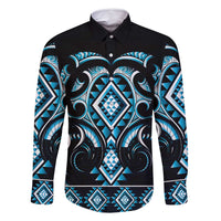 Blue Ngaru Taniko With Aotearoa Maori Tattoo Family Matching Off Shoulder Maxi Dress and Hawaiian Shirt LT14 Dad's Shirt - Long Sleeve Blue - Polynesian Pride