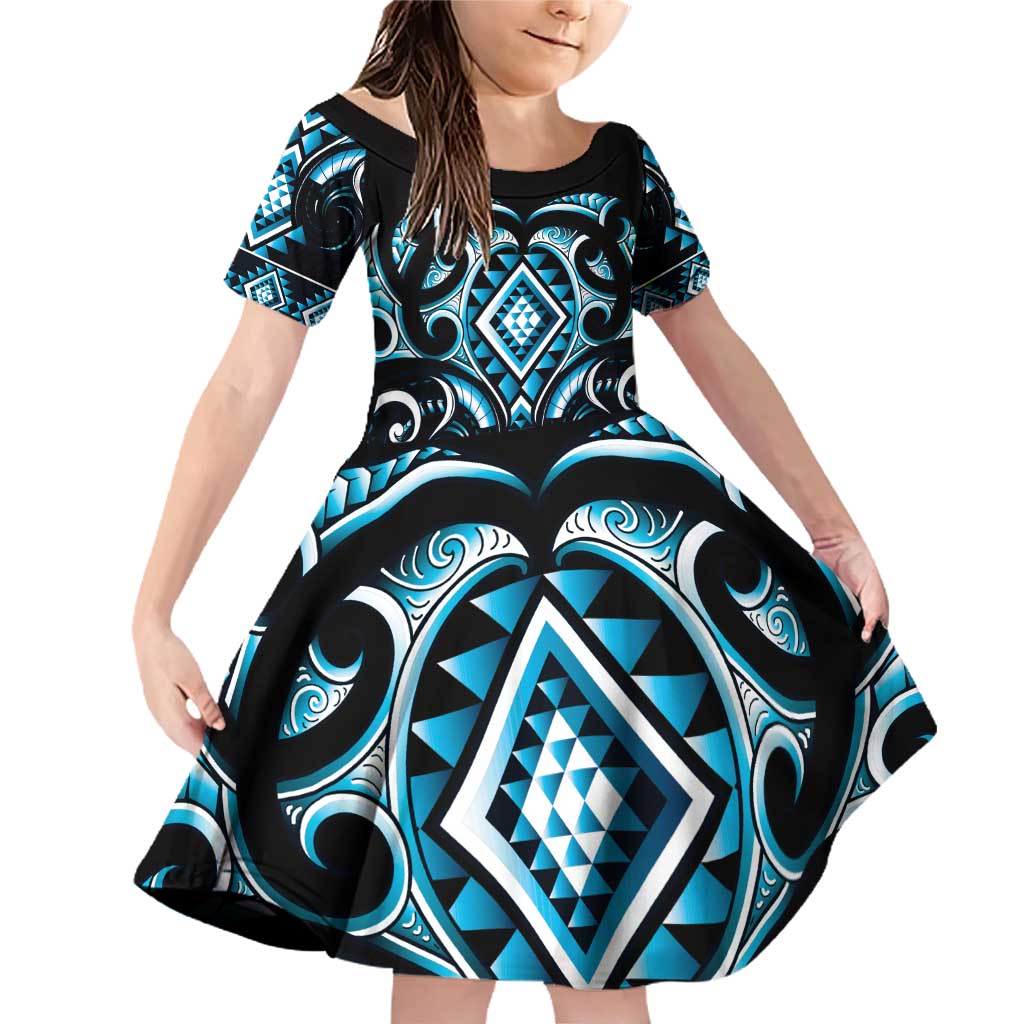 Blue Ngaru Taniko With Aotearoa Maori Tattoo Family Matching Off Shoulder Short Dress and Hawaiian Shirt LT14 Daughter's Dress Blue - Polynesian Pride