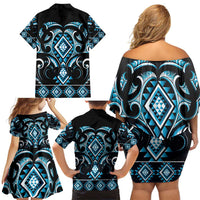 Blue Ngaru Taniko With Aotearoa Maori Tattoo Family Matching Off Shoulder Short Dress and Hawaiian Shirt LT14 - Polynesian Pride
