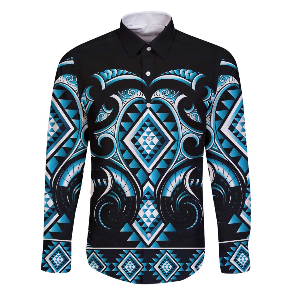 Blue Ngaru Taniko With Aotearoa Maori Tattoo Family Matching Off Shoulder Short Dress and Hawaiian Shirt LT14 Dad's Shirt - Long Sleeve Blue - Polynesian Pride