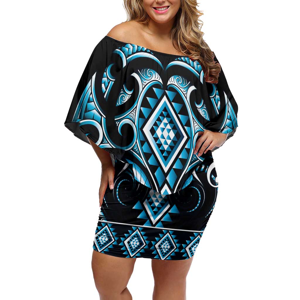 Blue Ngaru Taniko With Aotearoa Maori Tattoo Family Matching Off Shoulder Short Dress and Hawaiian Shirt LT14 Mom's Dress Blue - Polynesian Pride