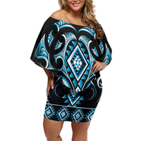 Blue Ngaru Taniko With Aotearoa Maori Tattoo Family Matching Off Shoulder Short Dress and Hawaiian Shirt LT14 Mom's Dress Blue - Polynesian Pride
