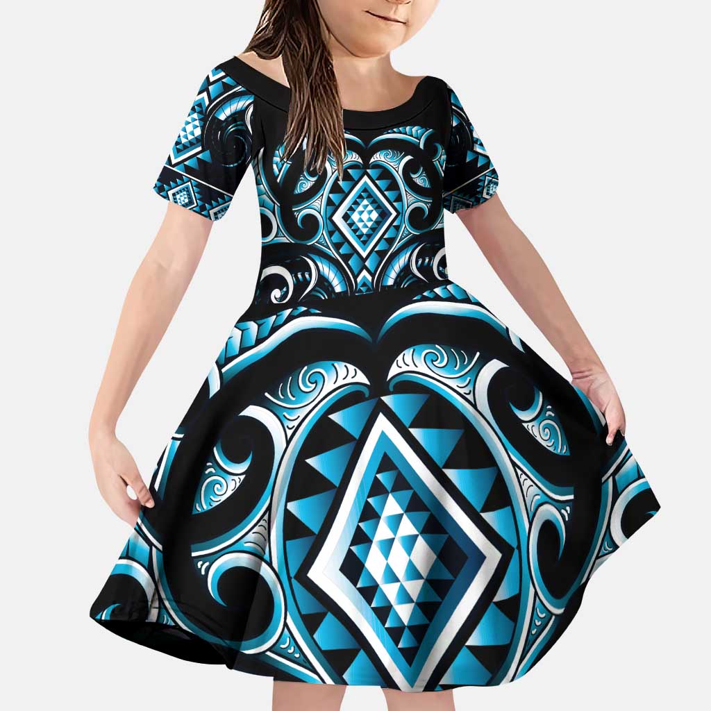 Blue Ngaru Taniko With Aotearoa Maori Tattoo Family Matching Puletasi and Hawaiian Shirt LT14 Daughter's Dress Blue - Polynesian Pride
