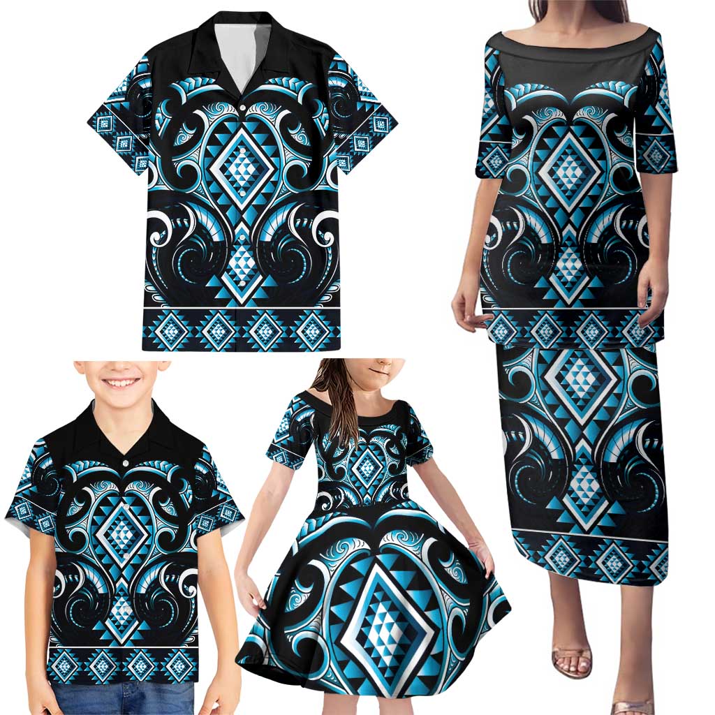 Blue Ngaru Taniko With Aotearoa Maori Tattoo Family Matching Puletasi and Hawaiian Shirt LT14 - Polynesian Pride
