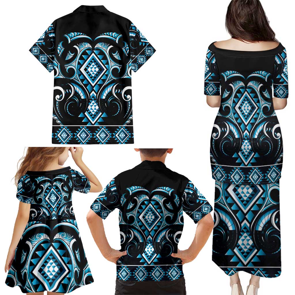 Blue Ngaru Taniko With Aotearoa Maori Tattoo Family Matching Puletasi and Hawaiian Shirt LT14 - Polynesian Pride