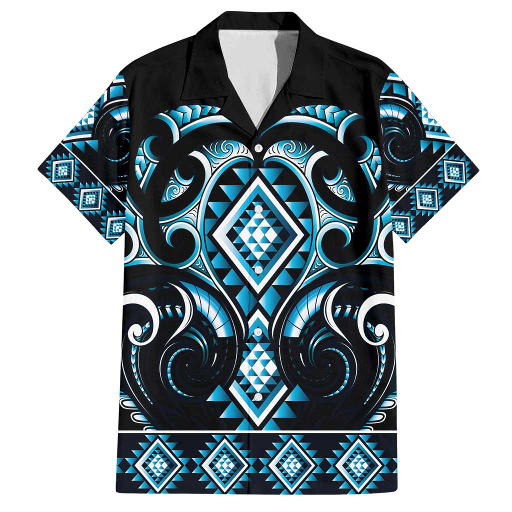 Blue Ngaru Taniko With Aotearoa Maori Tattoo Family Matching Puletasi and Hawaiian Shirt LT14 Dad's Shirt - Short Sleeve Blue - Polynesian Pride