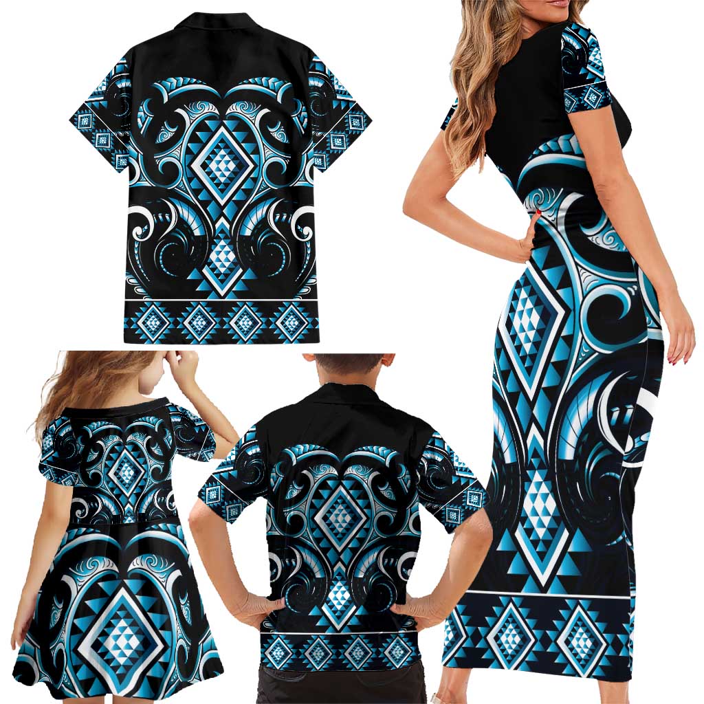 Blue Ngaru Taniko With Aotearoa Maori Tattoo Family Matching Short Sleeve Bodycon Dress and Hawaiian Shirt LT14 - Polynesian Pride