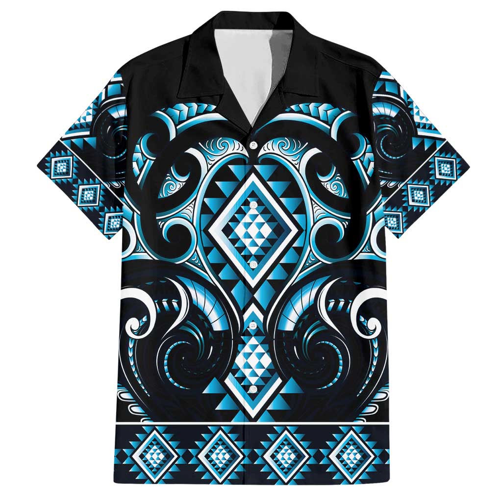 Blue Ngaru Taniko With Aotearoa Maori Tattoo Family Matching Short Sleeve Bodycon Dress and Hawaiian Shirt LT14 Dad's Shirt - Short Sleeve Blue - Polynesian Pride
