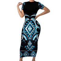 Blue Ngaru Taniko With Aotearoa Maori Tattoo Family Matching Short Sleeve Bodycon Dress and Hawaiian Shirt LT14 Mom's Dress Blue - Polynesian Pride