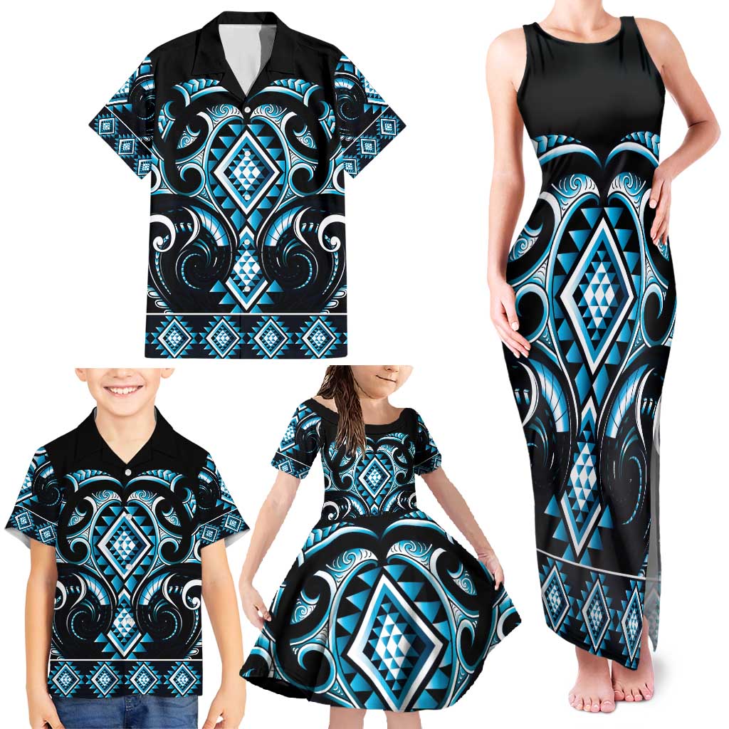 Blue Ngaru Taniko With Aotearoa Maori Tattoo Family Matching Tank Maxi Dress and Hawaiian Shirt LT14 - Polynesian Pride