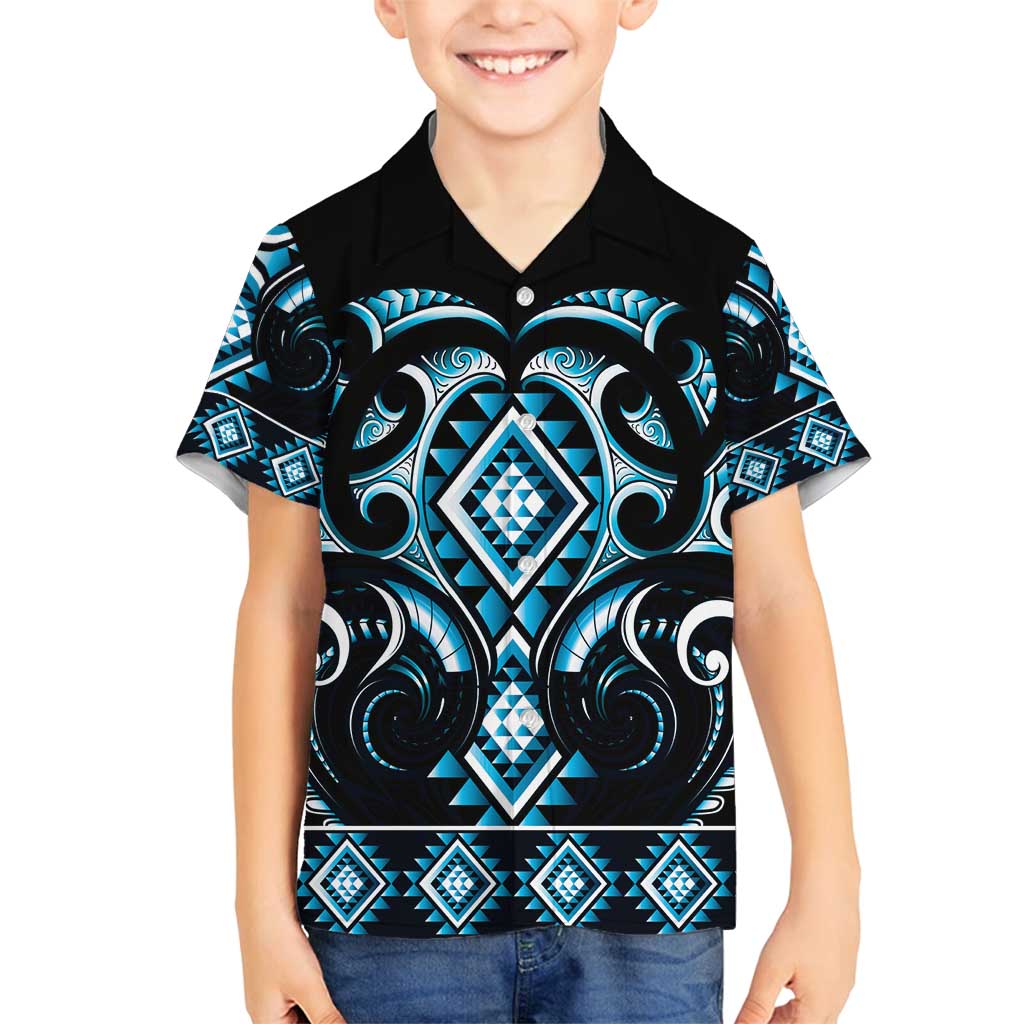 Blue Ngaru Taniko With Aotearoa Maori Tattoo Family Matching Tank Maxi Dress and Hawaiian Shirt LT14 Son's Shirt Blue - Polynesian Pride